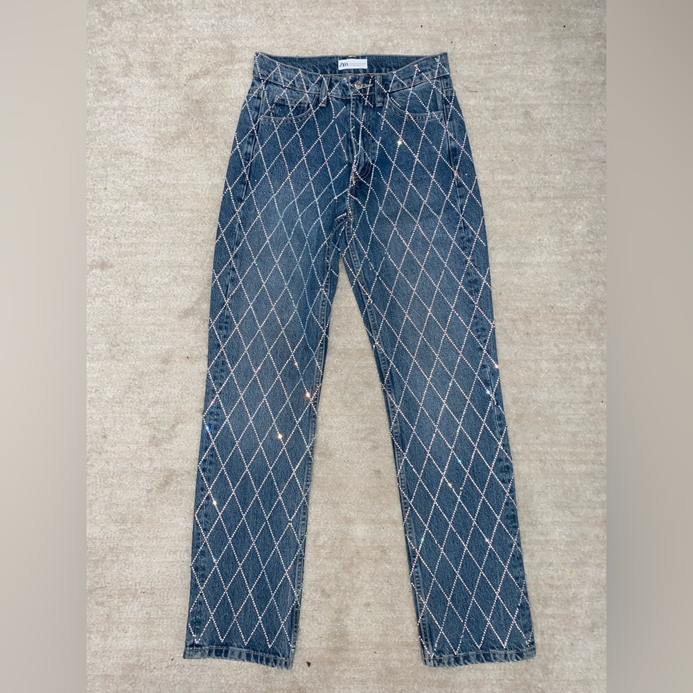 NWT Zara Diamond Cross Rhinestone Denim Jean